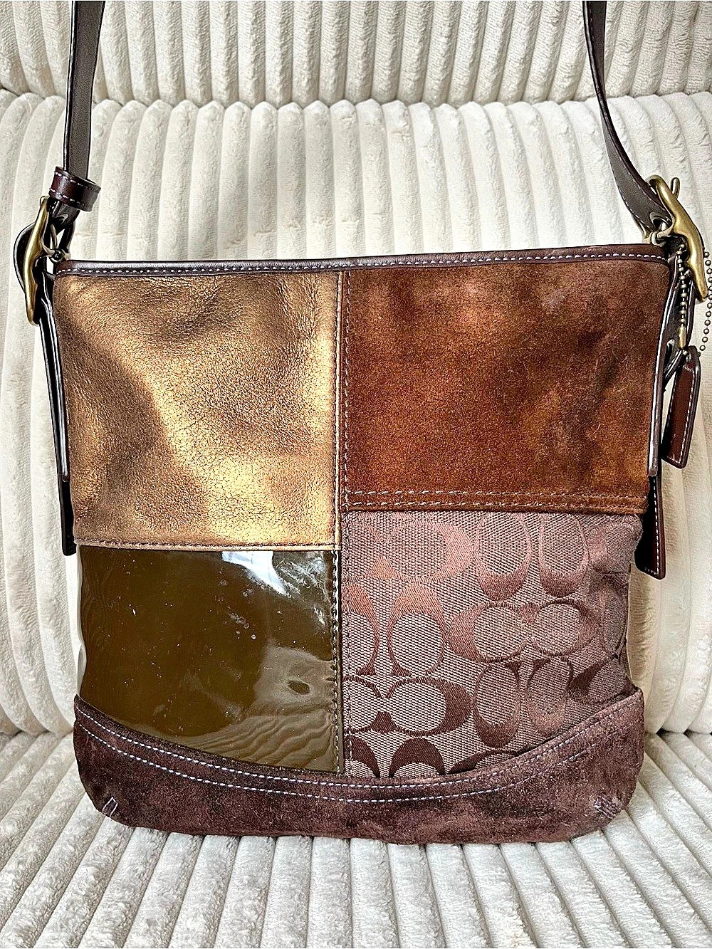 Vintage Coach Signature Patchwork Shoulder Bag Brown Gold Y2K F10421🪵🤎🍂🍁🪵☕️